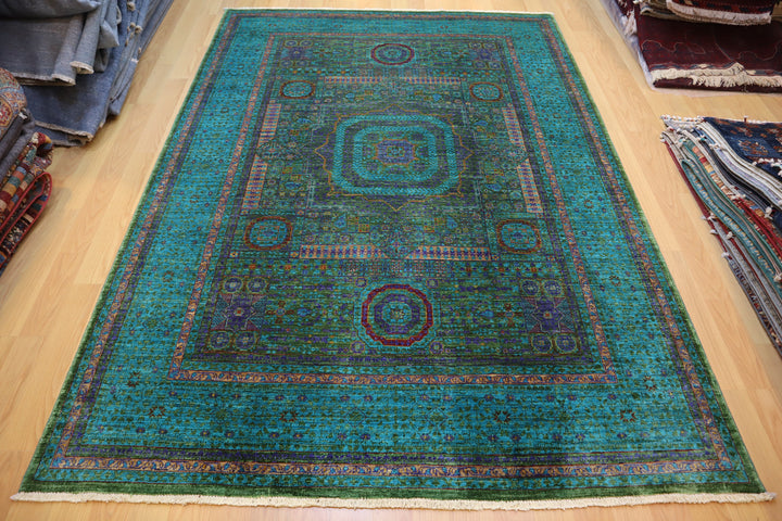 6x9 Turquoise Green Blue Mamluk Turkish Hand Knotted Rug