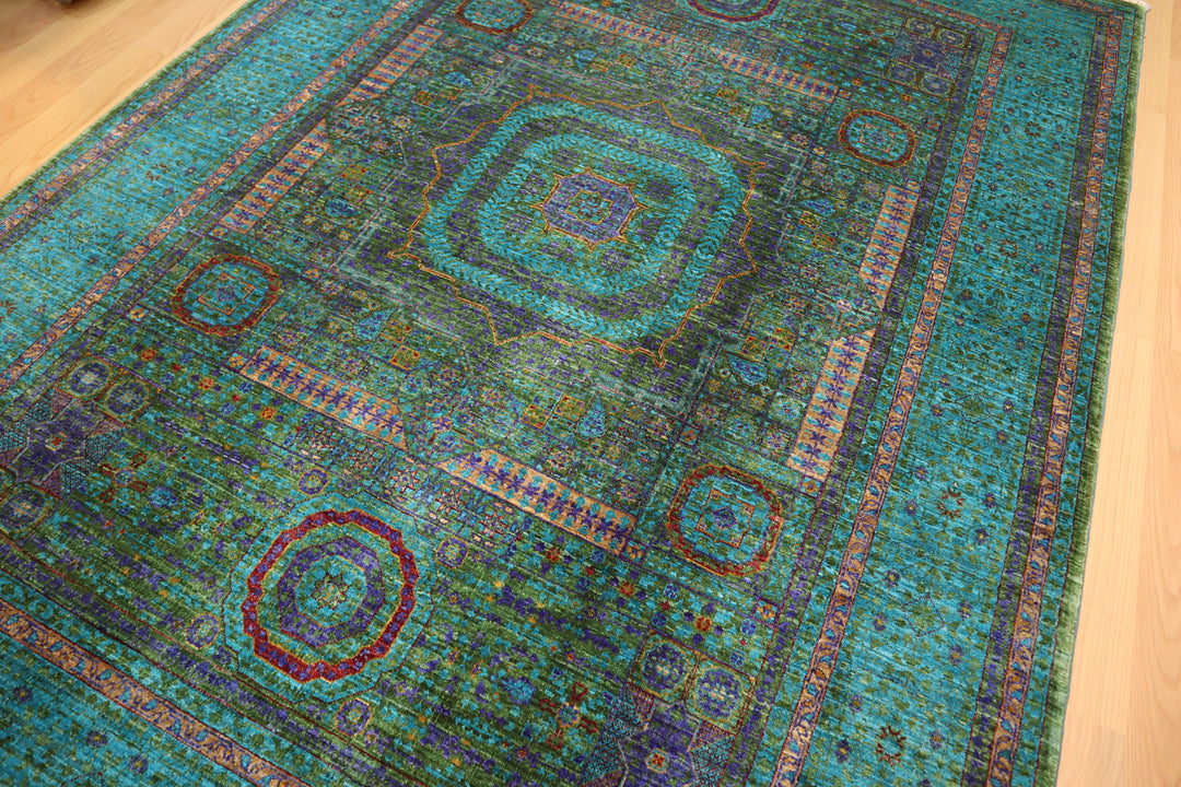 6x9 Turquoise Green Blue Mamluk Turkish Hand Knotted Rug