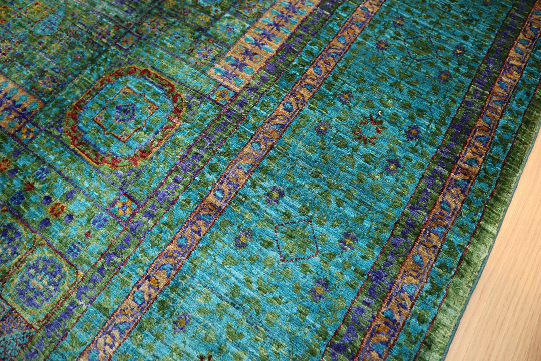 6x9 Turquoise Green Blue Mamluk Turkish Hand Knotted Rug