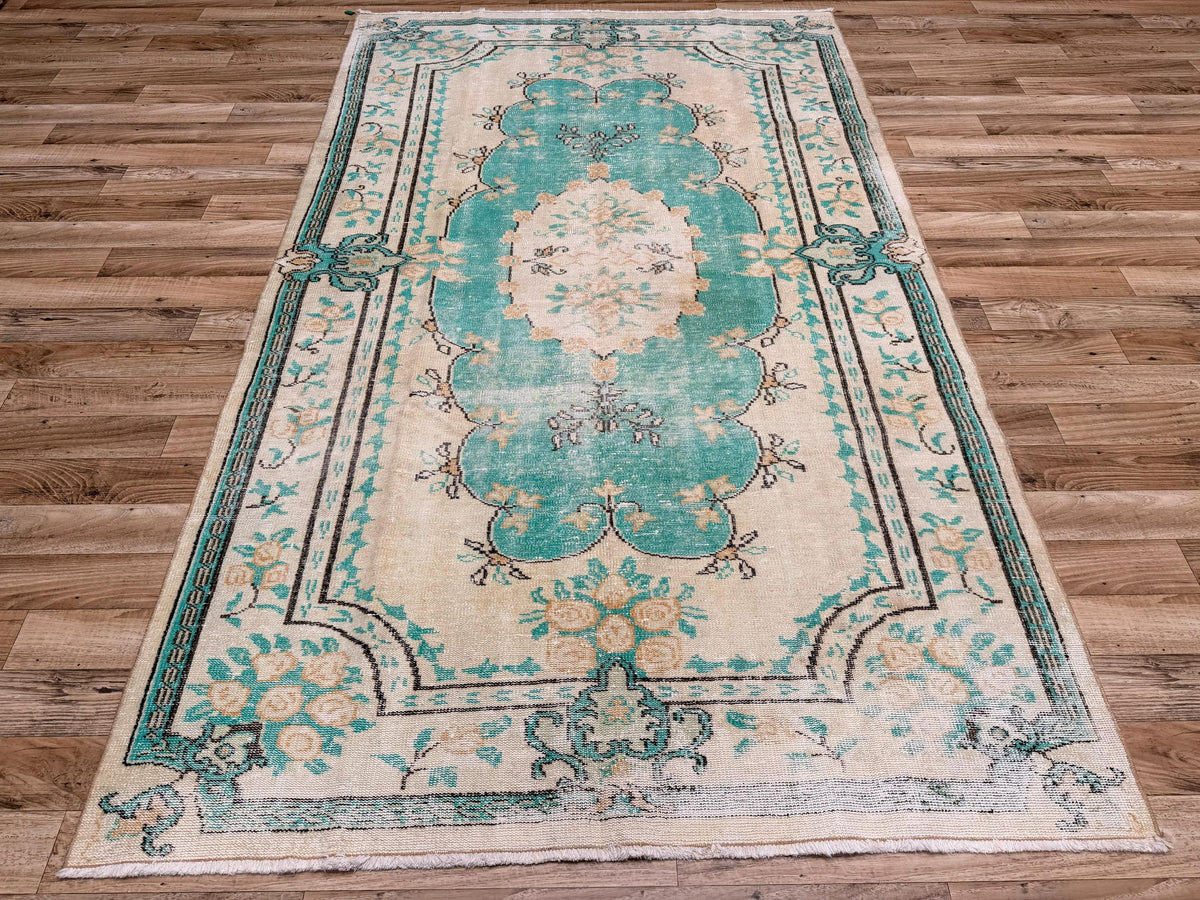5'10"x9'10" Vintage Turquoise Hand-Knotted Wool Turkish Rug - Yildiz Rugs