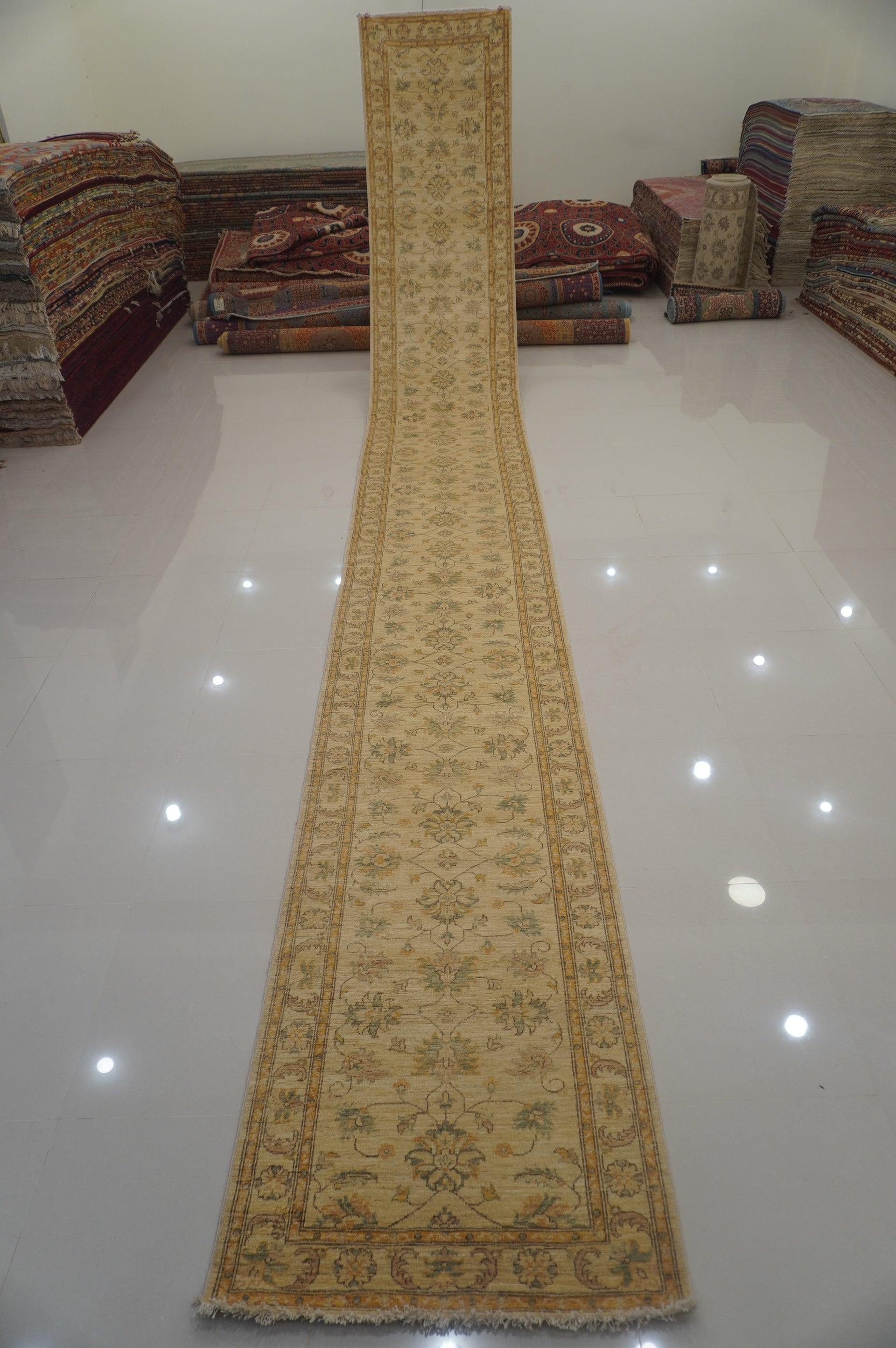 24 ft Beige Afghan Hand knotted Extra Long Runner Rug