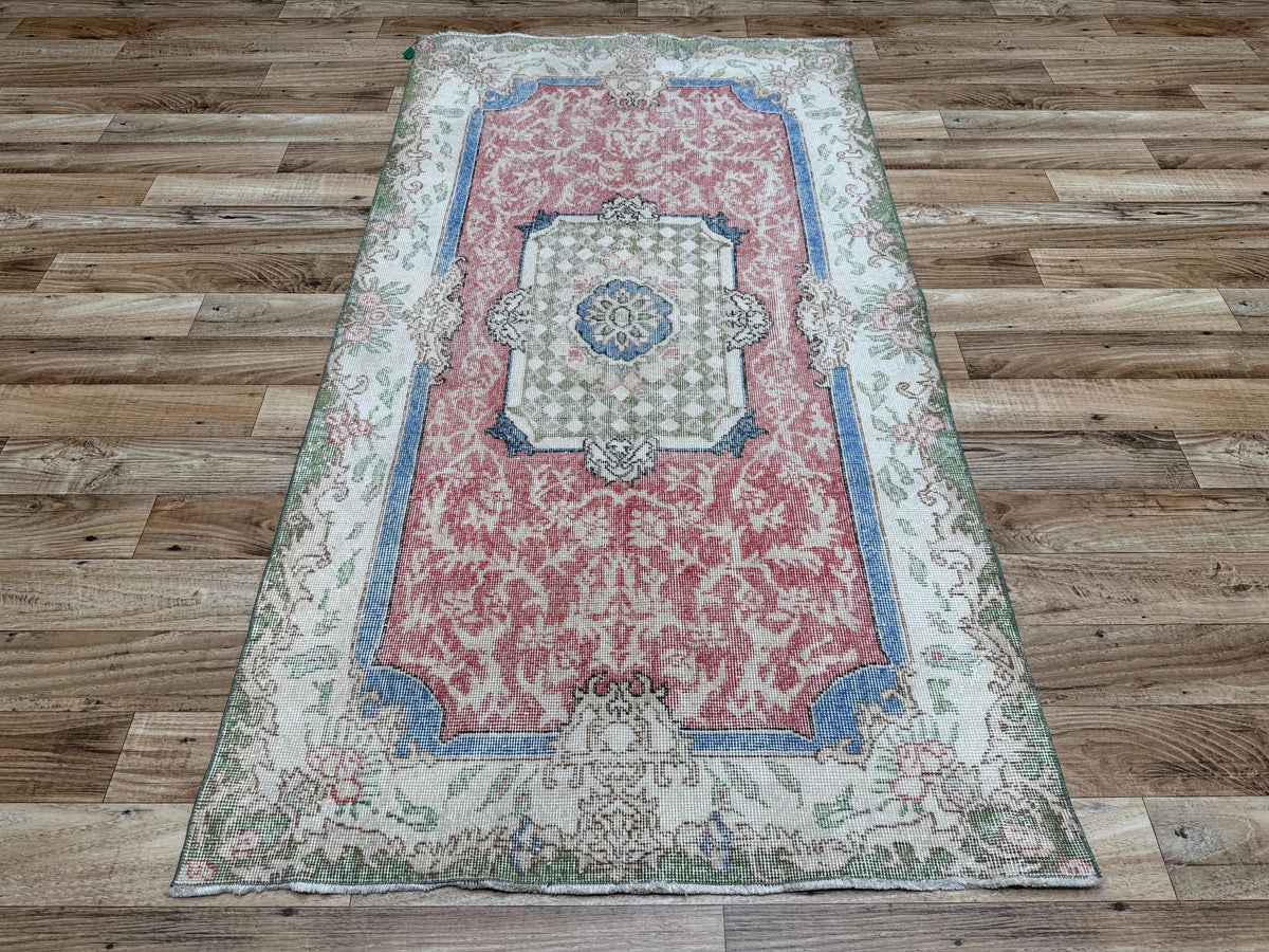 3'8"x6'11" Vintage Muted Red Hand-Knotted Wool Turkish Rug - Yildiz Rugs