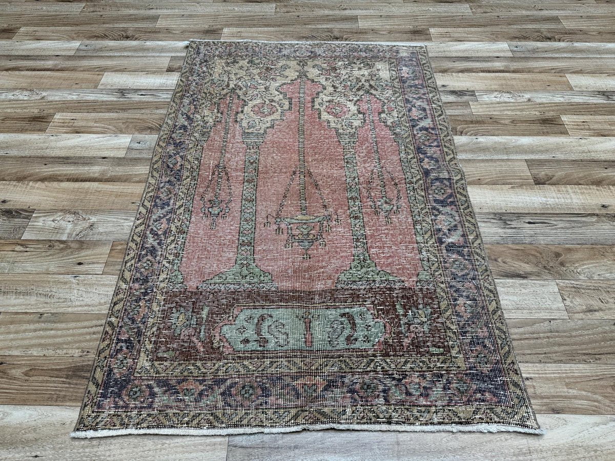 3'7"x5'6" Vintage Muted Salmon Hand-Knotted Wool Turkish Rug - Yildiz Rugs
