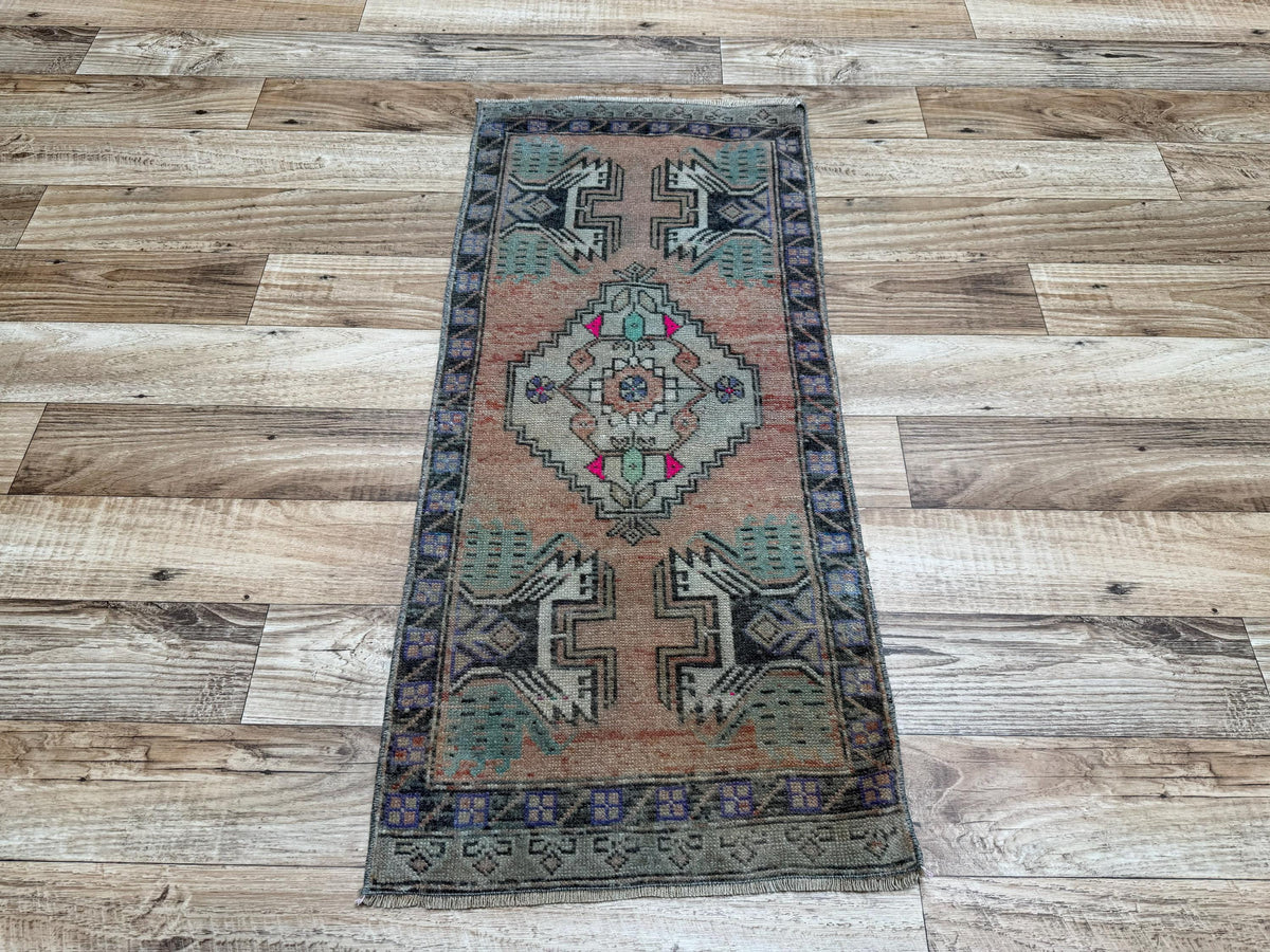 1'7"x3'6" Vintage Muted Terracotta Hand-Knotted Wool Accent Turkish Rug