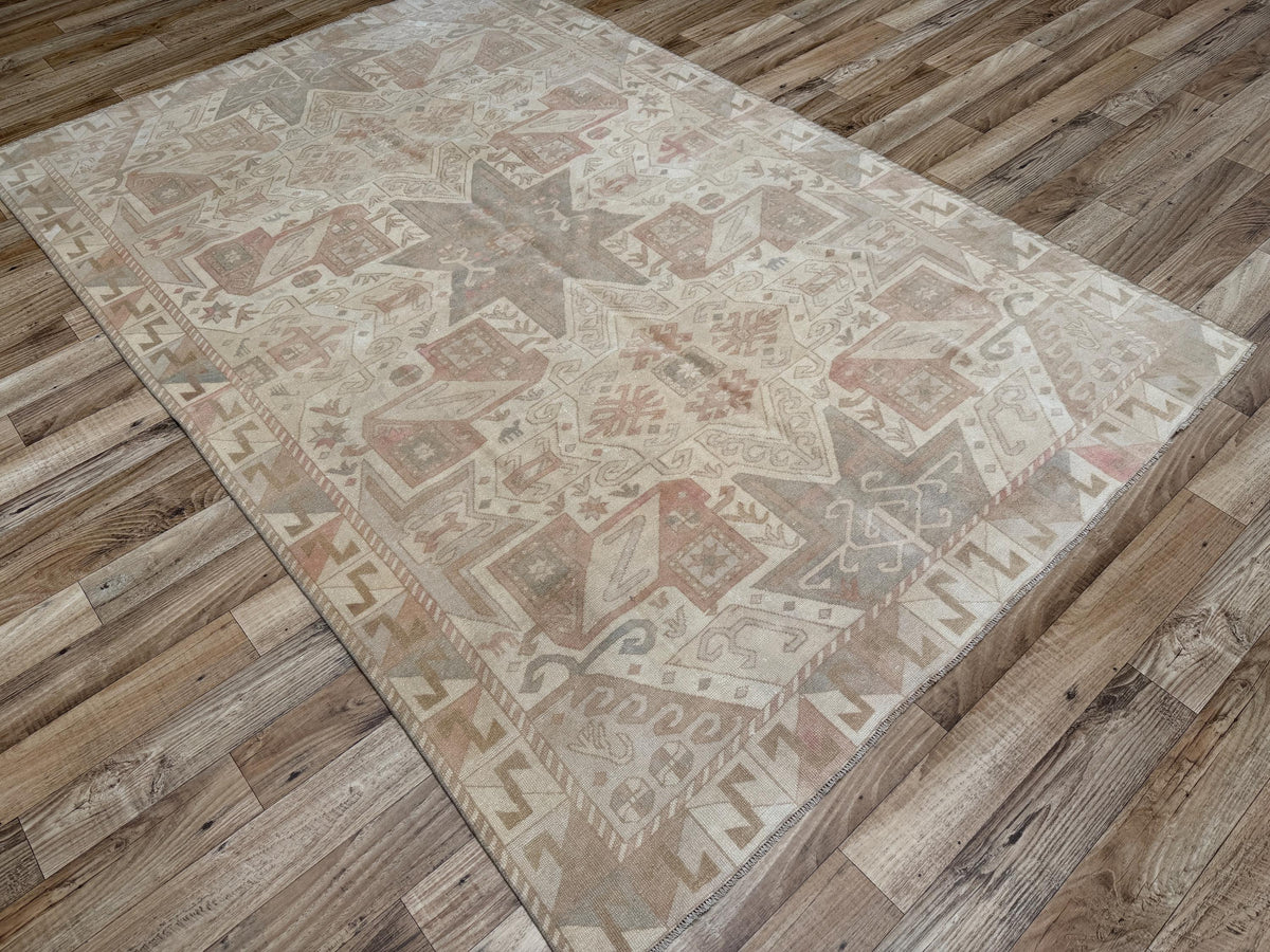 6x9 Vintage Muted Beige Hand-Knotted Wool Turkish Rug - Yildiz Rugs