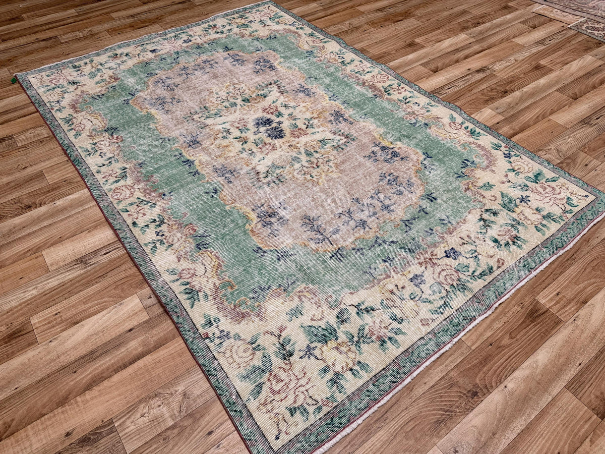 5'11"x8'10" Vintage Sage Green Hand-Knotted Turkish Rug - Yildiz Rugs