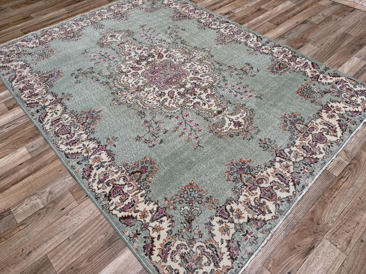 6'9"x9'1" Vintage Sage Green Hand-Knotted Wool Turkish Rug