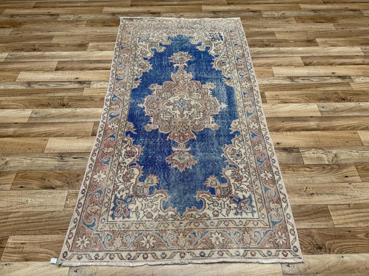 3'8"x7'0" Vintage Royal Blue Hand-Knotted Wool Turkish Rug - Yildiz Rugs