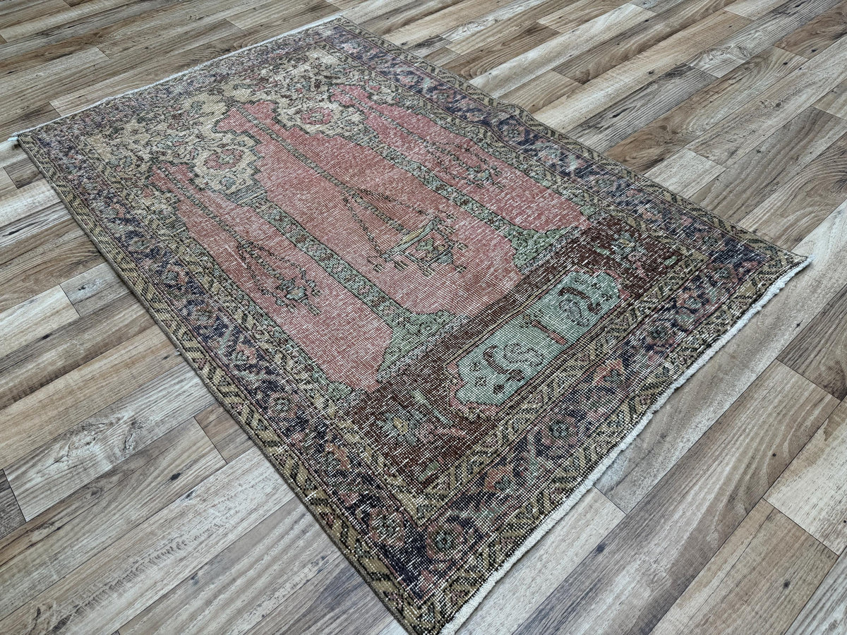 3'7"x5'6" Vintage Muted Salmon Hand-Knotted Wool Turkish Rug - Yildiz Rugs