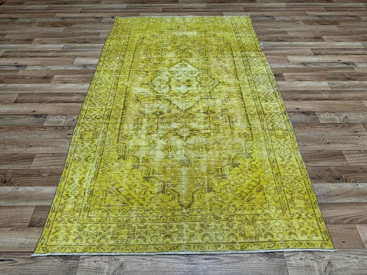 5'2"x8'9" Vintage Chartreuse Green Hand-Knotted Wool Turkish Rug