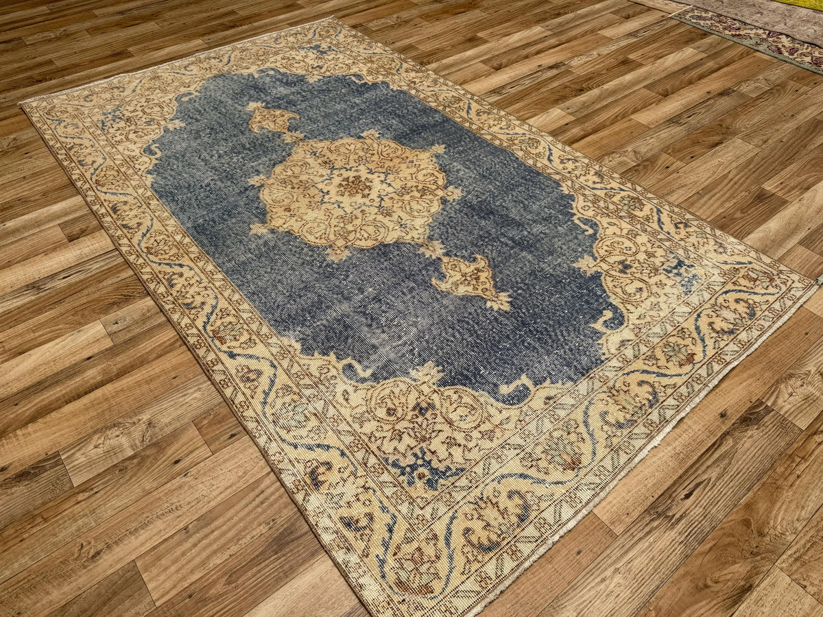 5'4"x9'0" Vintage Denim Blue Hand-Knotted Wool Turkish Rug