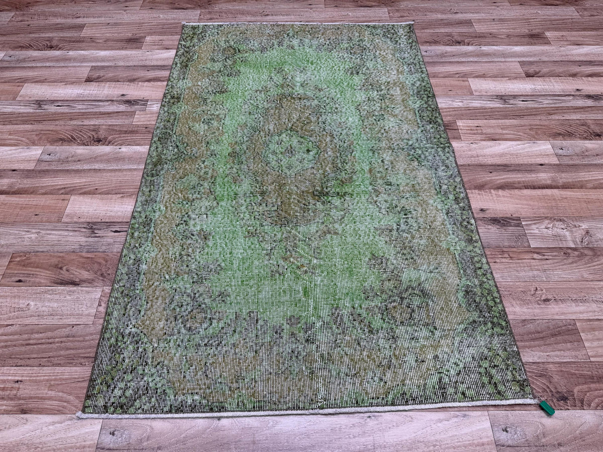 3'6"x6'1" Vintage Green Hand-Knotted Wool Turkish Rug