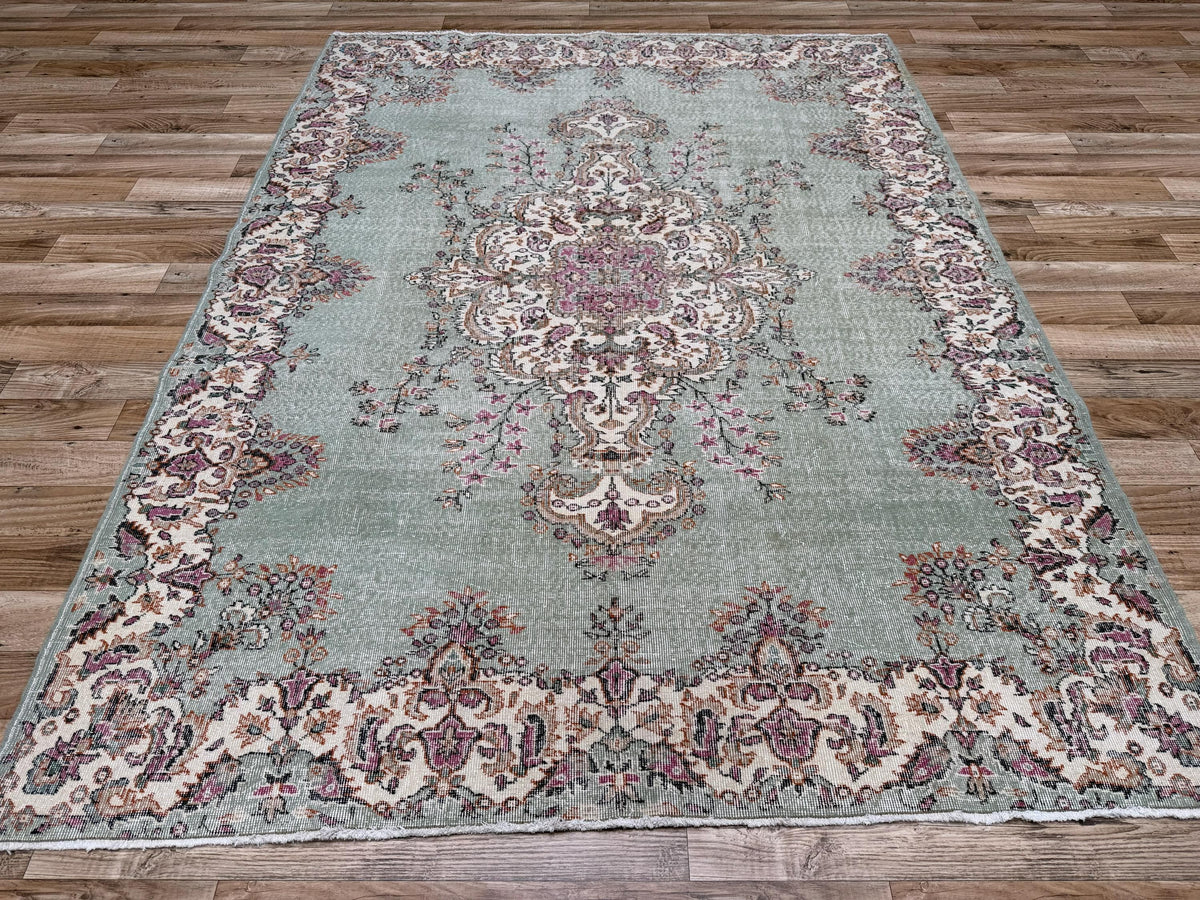 6'9"x9'1" Vintage Sage Green Hand-Knotted Wool Turkish Rug