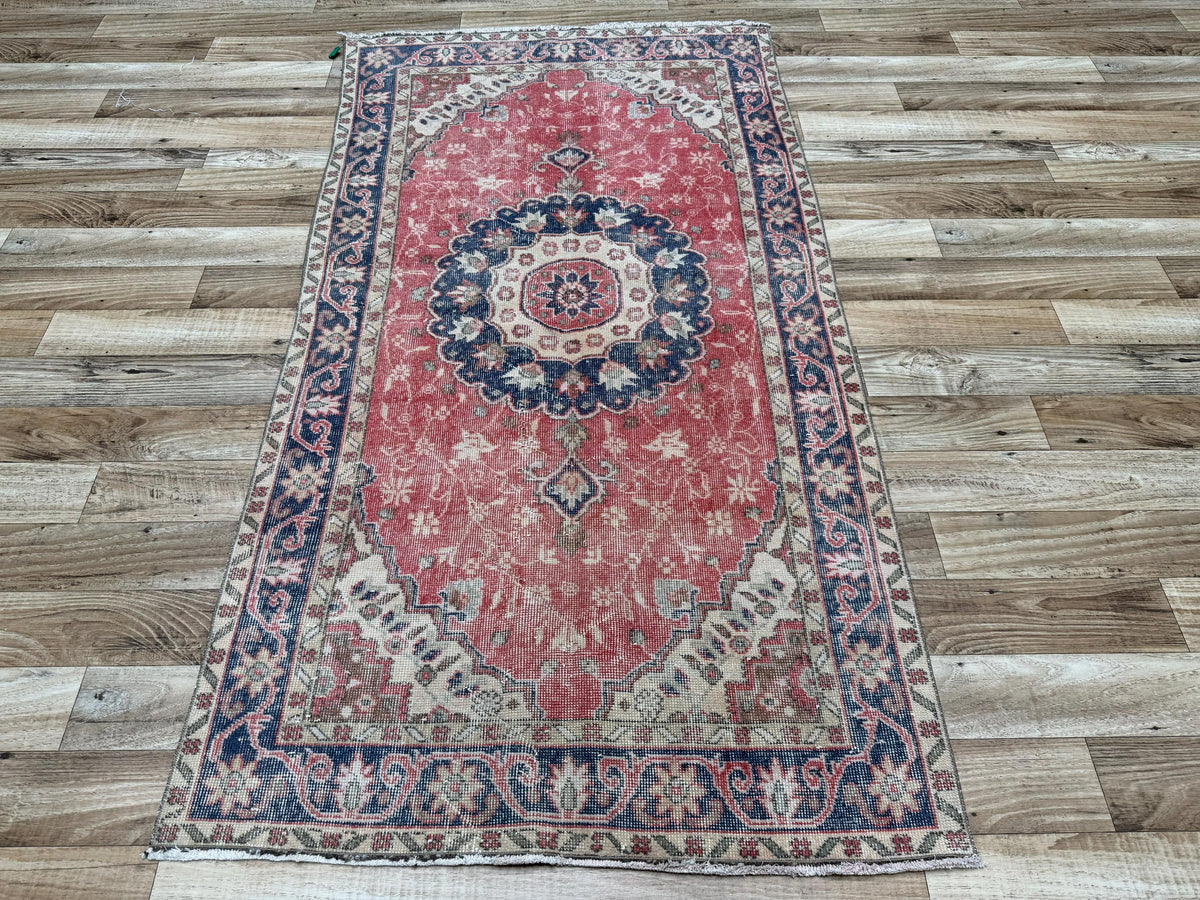 3'7"x6'9" Vintage Muted Red Hand-Knotted Wool Turkish Rug