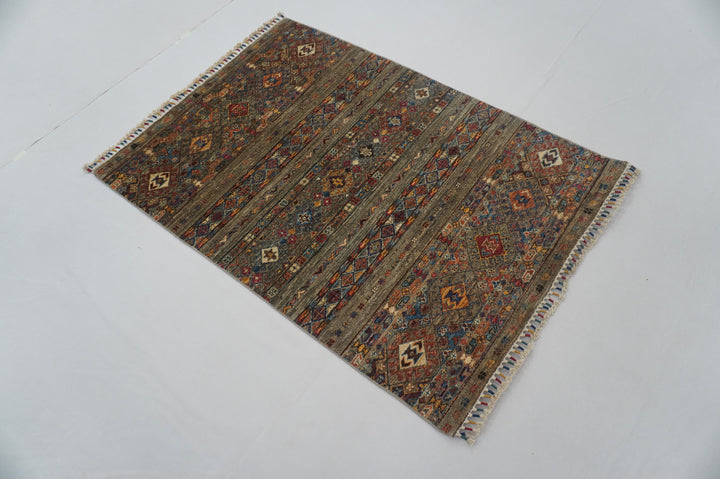 3x5 Gray Tribal Afghan Hand Knotted Rug - Yildiz Rugs