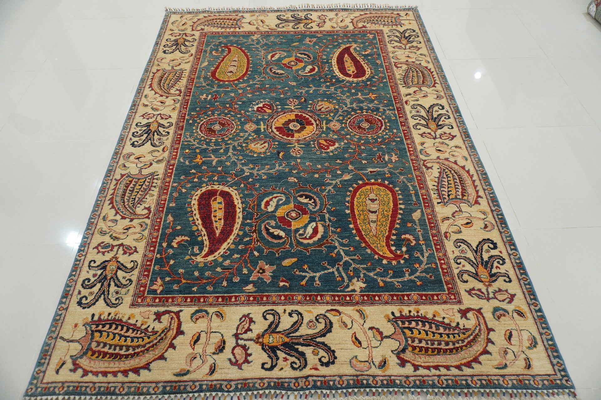 6x8 Vintage Suzani Muted Blue Afghan Hand knotted Floral Rug - Yildiz Rugs