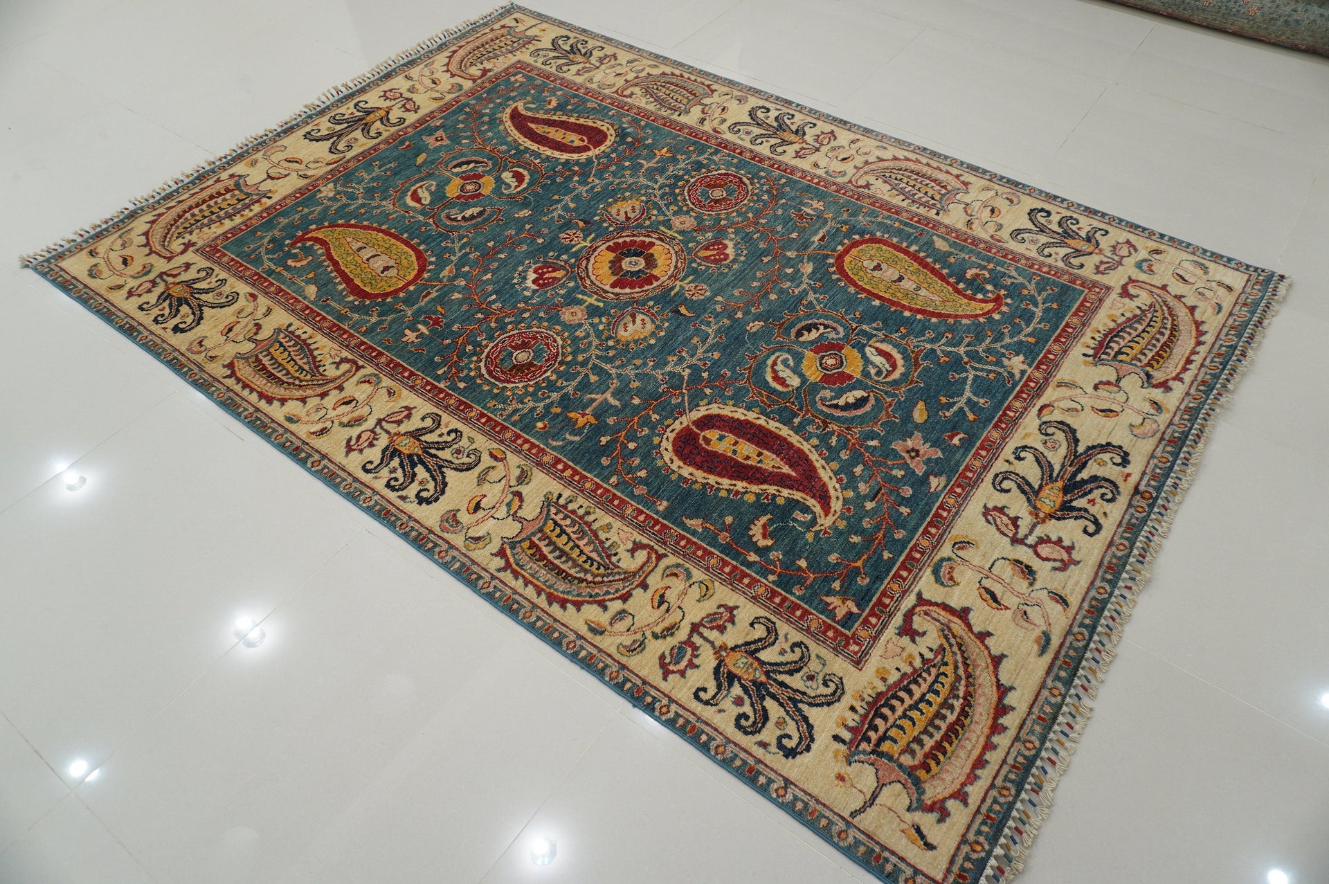 6x8 Vintage Suzani Muted Blue Afghan Hand knotted Floral Rug - Yildiz Rugs