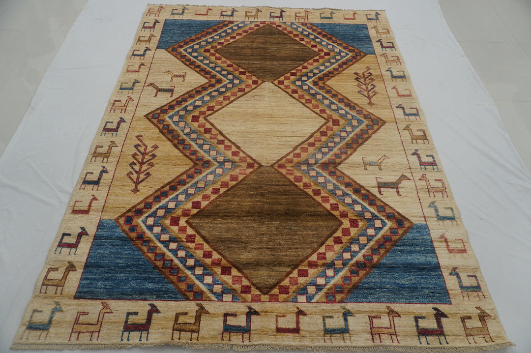 6x8 Tribal Gabbeh Beige Afghan Hand knotted Rug - Yildiz Rugs