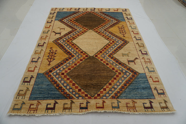 6x8 Beige Tribal Gabbeh Afghan Handmade Rug - Yildiz Rugs