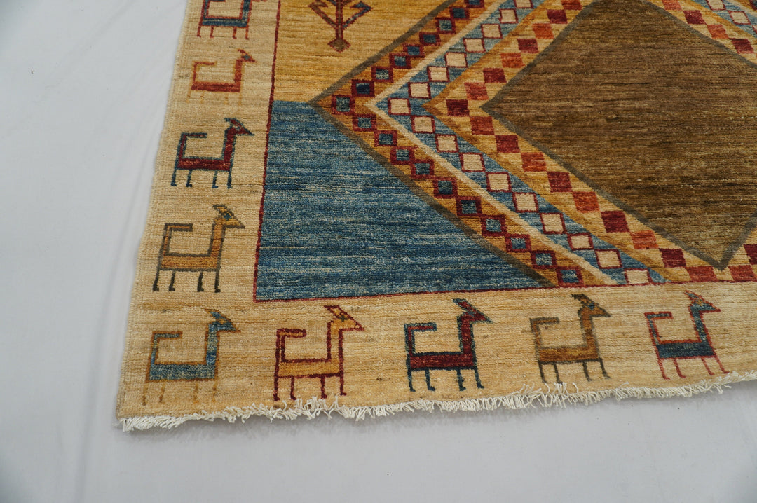 6x8 Beige Tribal Gabbeh Afghan Handmade Rug - Yildiz Rugs