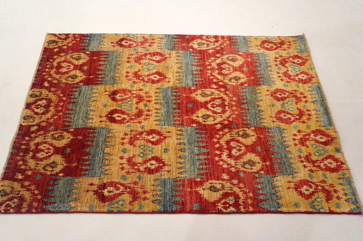 4x6 Ikat Red Gold Afghan Hand Knotted Rug - Yildiz Rugs