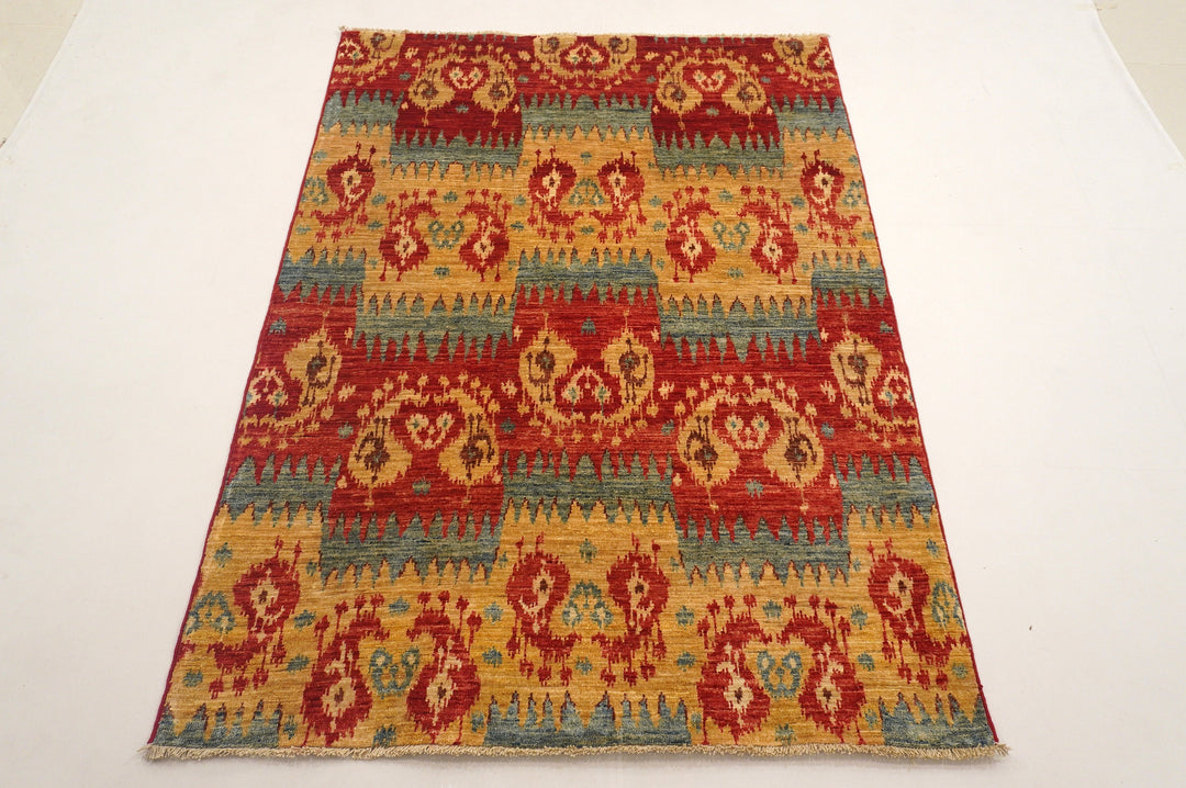 4x6 Ikat Red Gold Afghan Hand Knotted Rug - Yildiz Rugs