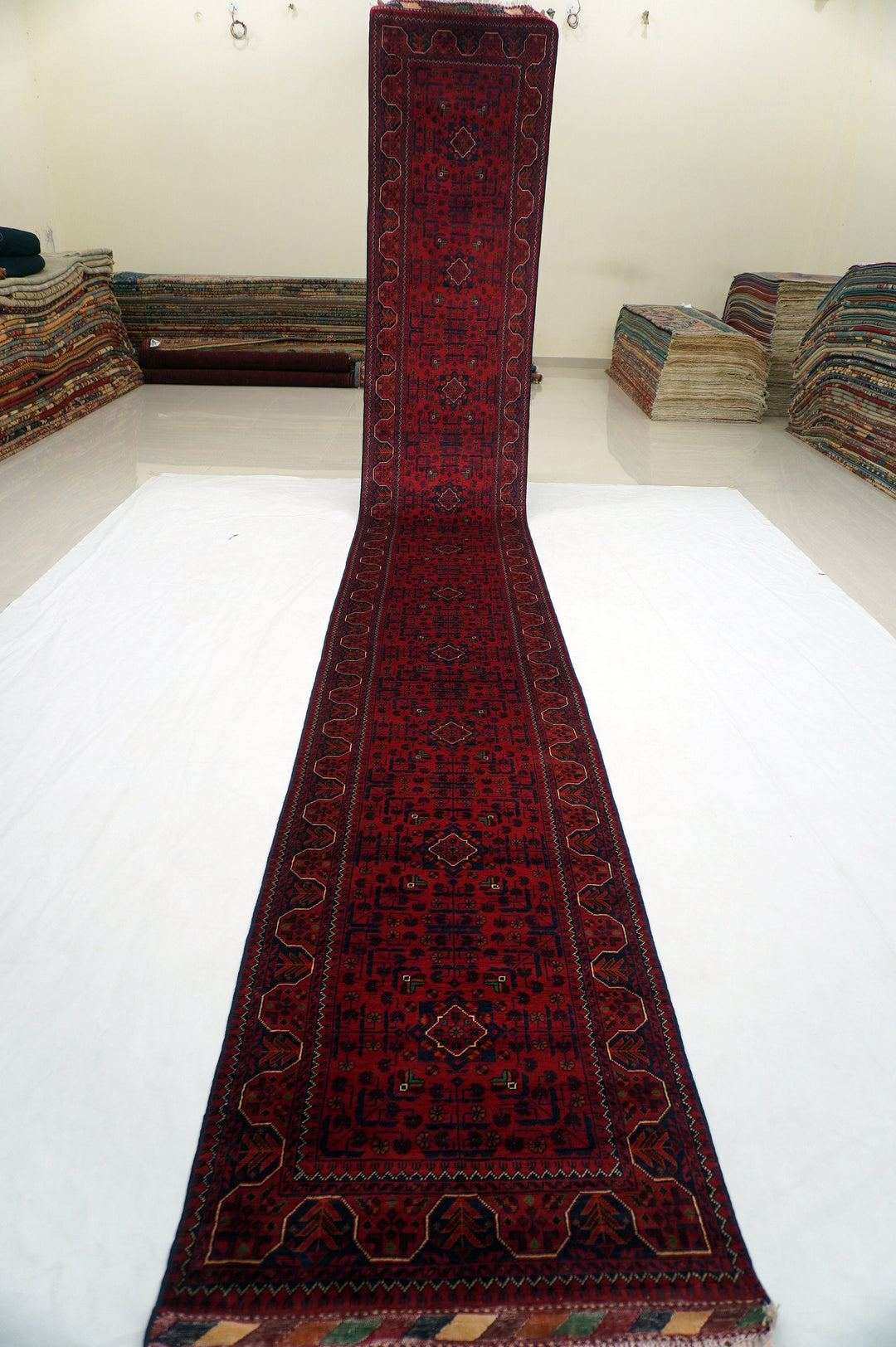 19 Ft Red Khal Mohammadi Afghan Hand knotted Extra long Runner Rug - Yildiz Rugs