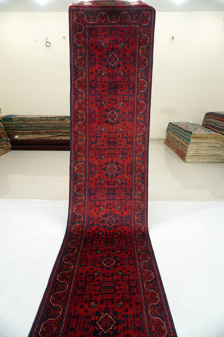 19 Ft Red Khal Mohammadi Afghan Hand knotted Extra long Runner Rug - Yildiz Rugs