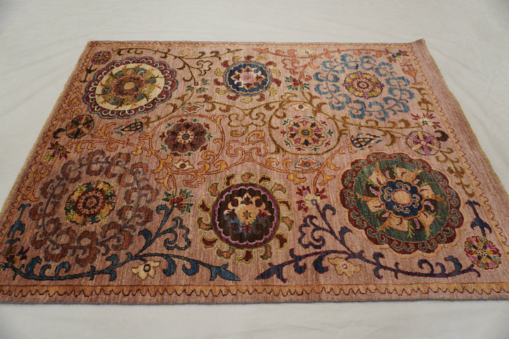 5x7 Brown Suzani Afghan Hand Knotted Rug - Yildiz Rugs