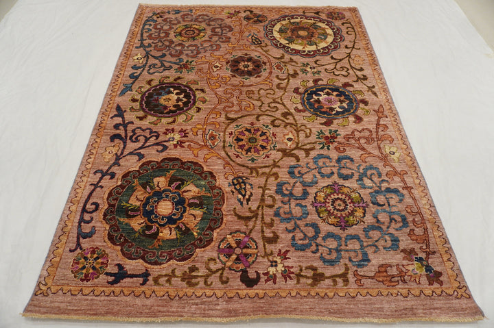 5x7 Brown Suzani Afghan Hand Knotted Rug - Yildiz Rugs