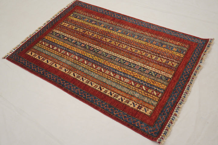 3x5 Red Shawl Pattern Hand Knotted Striped Turkish Rug - Yildiz Rugs