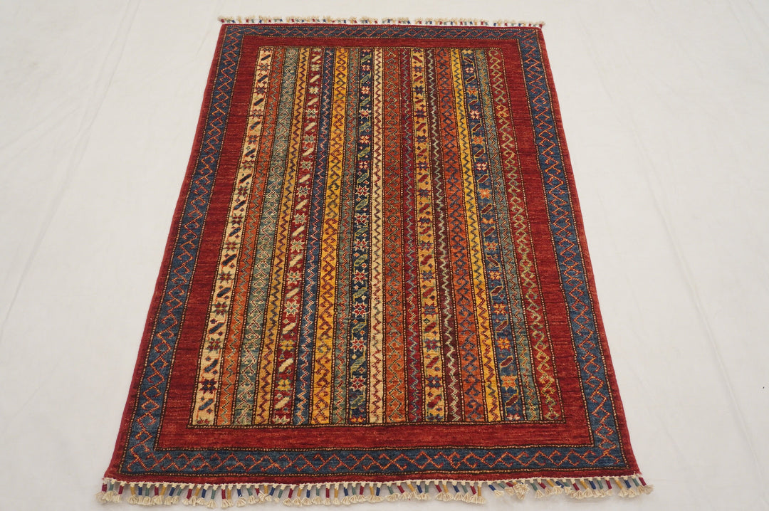 3x5 Red Shawl Pattern Hand Knotted Striped Turkish Rug - Yildiz Rugs