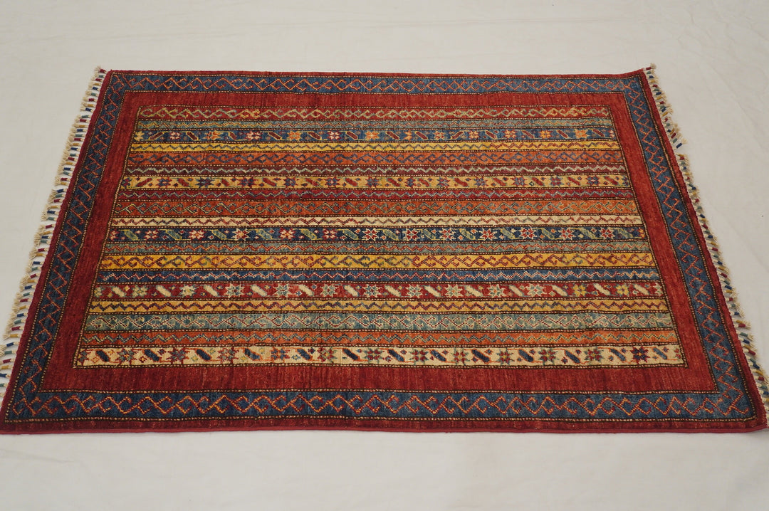 3x5 Red Shawl Pattern Hand Knotted Striped Turkish Rug - Yildiz Rugs