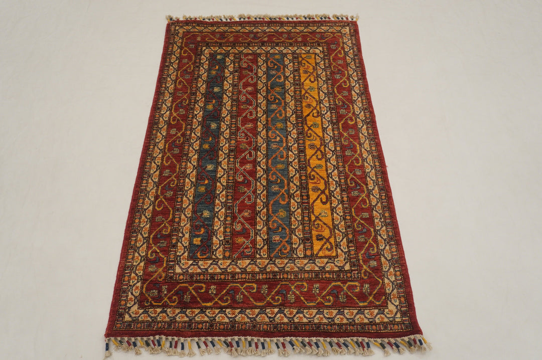 3x5 Red Shawl Pattern Hand Knotted Striped Turkish Rug - Yildiz Rugs