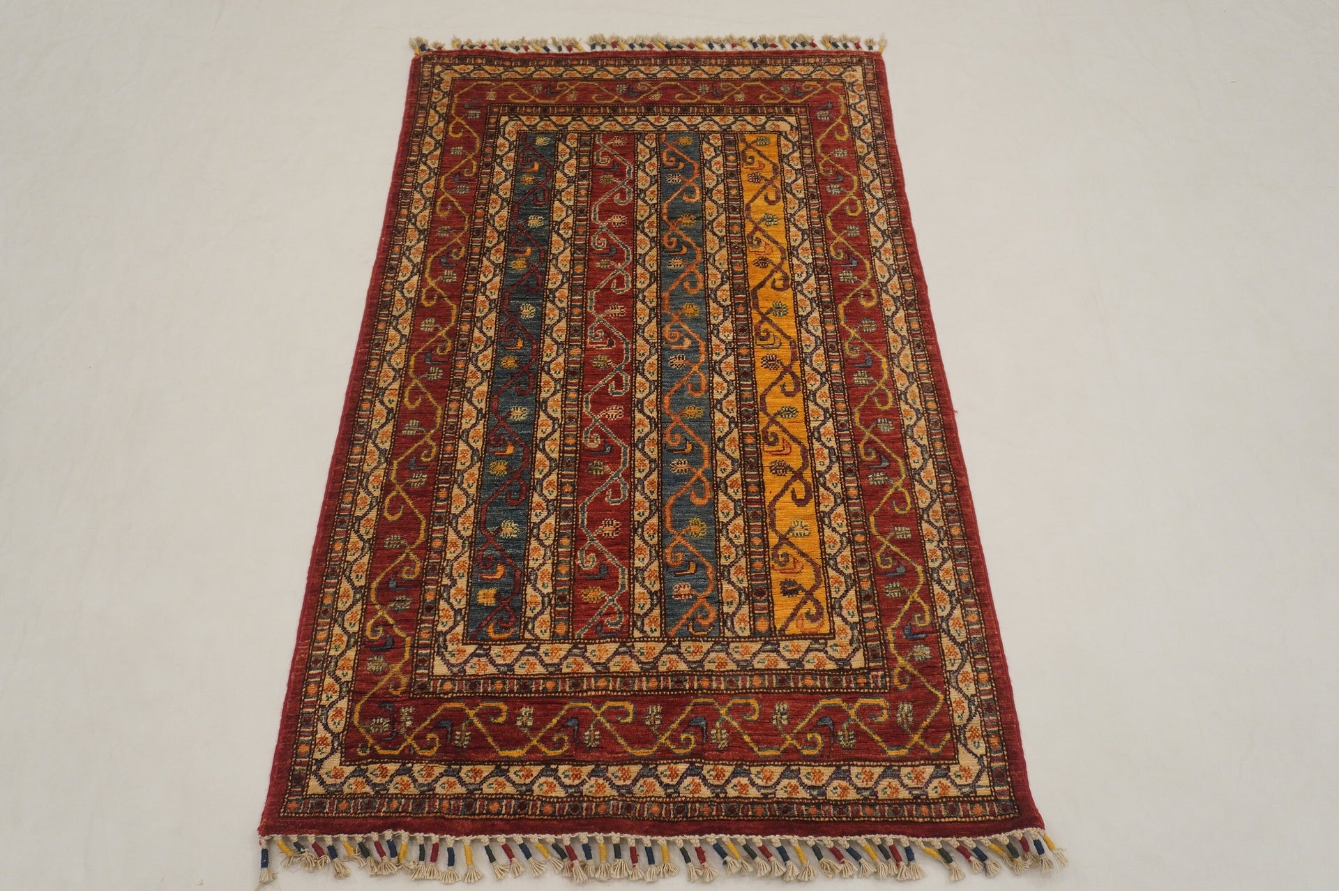 3x5 Red Shawl Pattern Hand Knotted Striped Turkish Rug - Yildiz Rugs