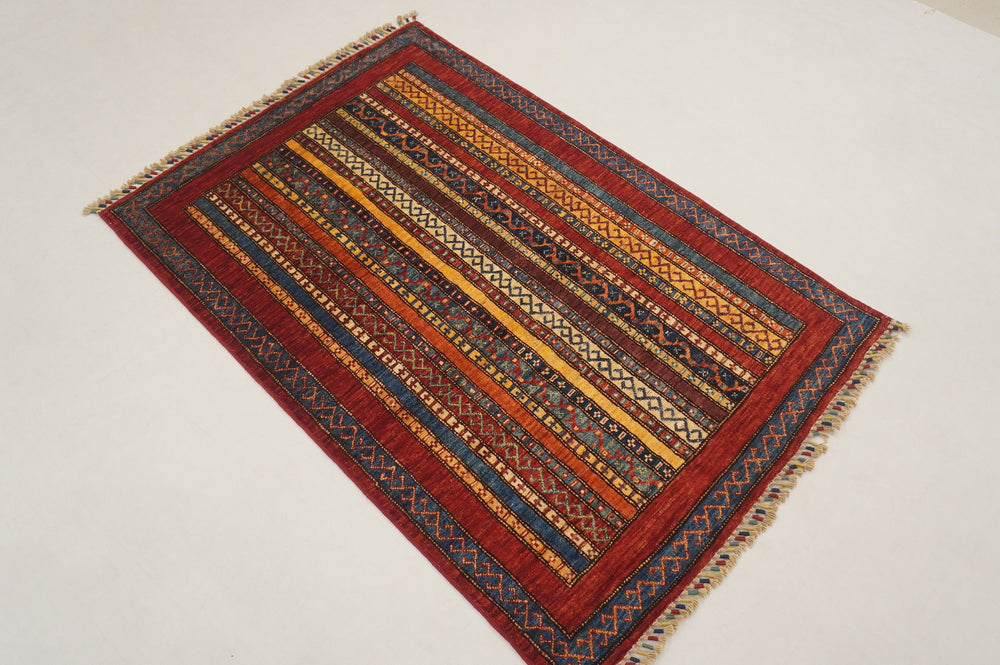 3x5 Red Turkish Shawl Pattern Hand Knotted Striped Rug - Yildiz Rugs