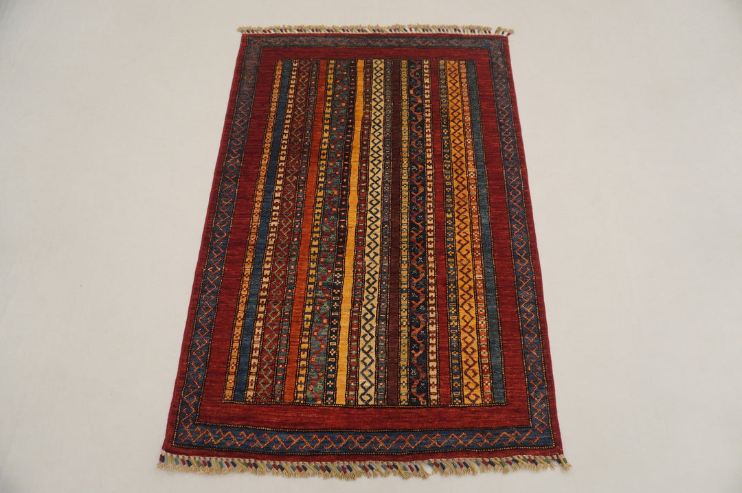 3x5 Red Turkish Shawl Pattern Hand Knotted Striped Rug - Yildiz Rugs