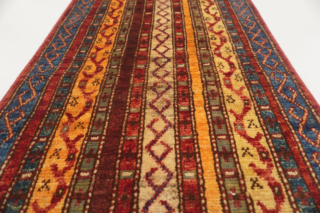 2x5 Red Turkish Shawl Striped Pattern Hand knotted Runner Rug - Yildiz Rugs