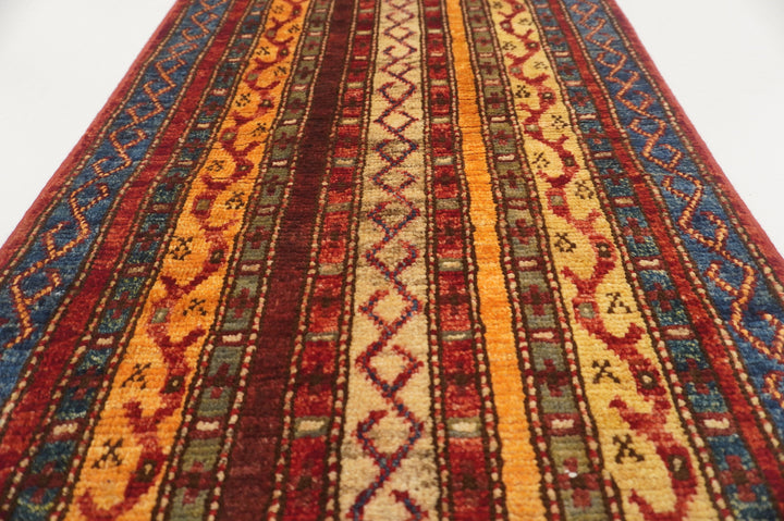 2x5 Red Turkish Shawl Striped Pattern Hand knotted Runner Rug - Yildiz Rugs