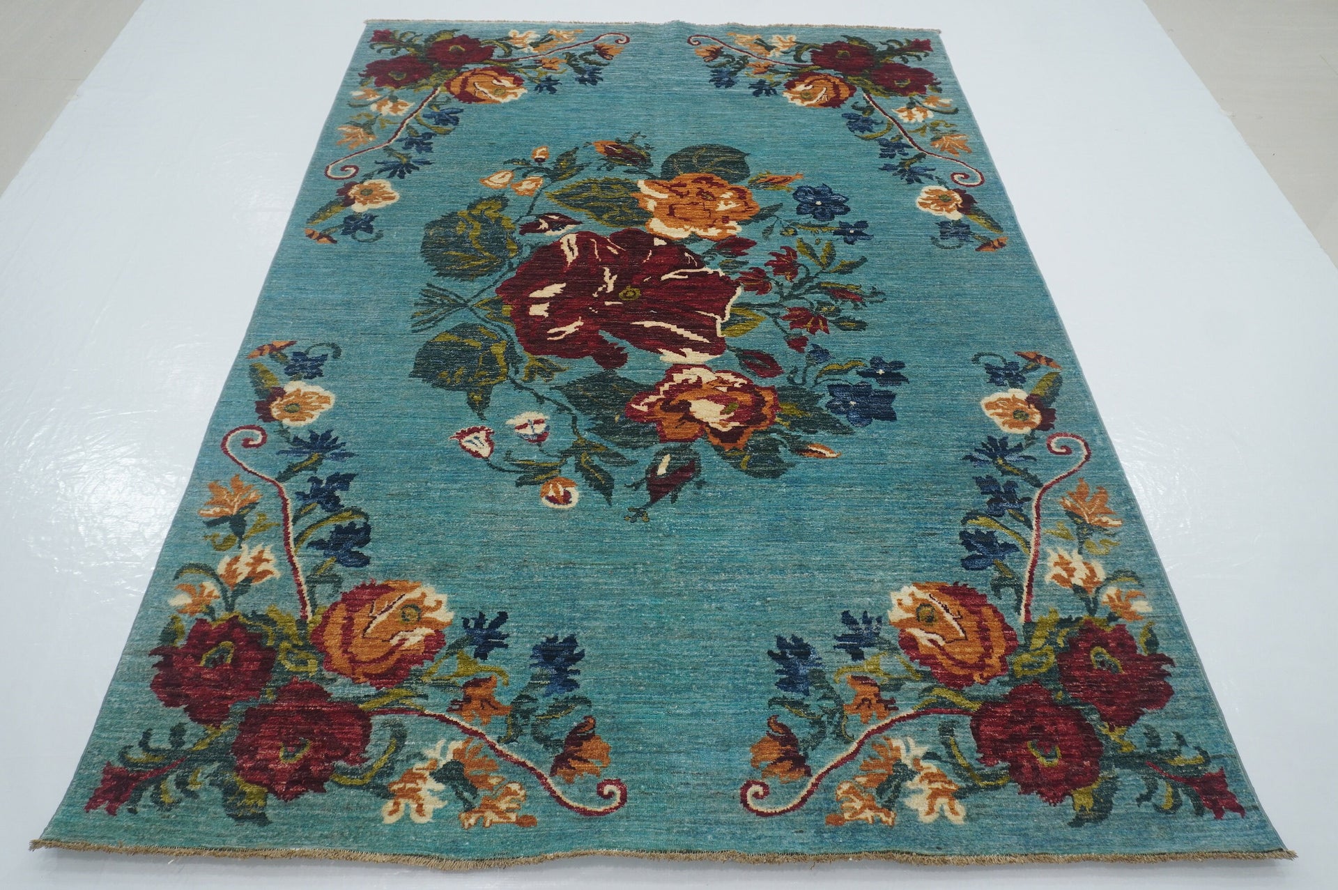 6x8 Turquoise Blue Afghan Hand-Knotted Wool Floral Rug