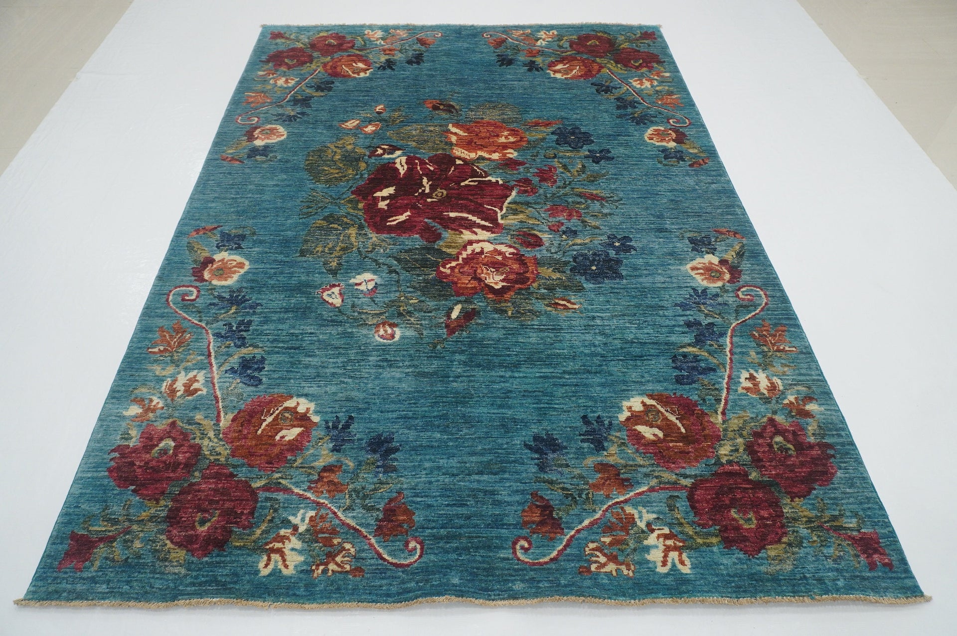 6x8 Turquoise Blue Afghan Hand-Knotted Wool Floral Rug