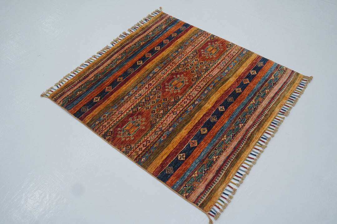 3x3 Tribal Multicolor Afghan Hand knotted Square Rug - Yildiz Rugs