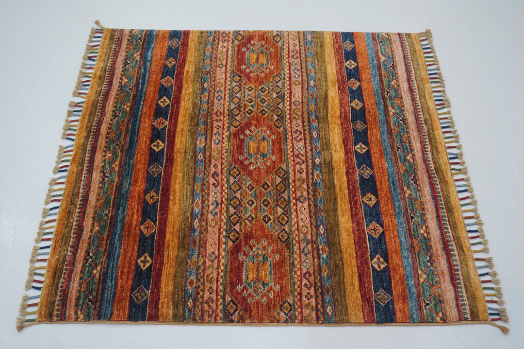 3x3 Tribal Multicolor Afghan Hand knotted Square Rug - Yildiz Rugs