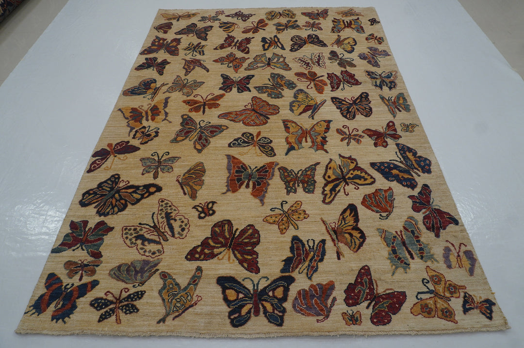 6x8 Butterfly Beige Gabbeh Afghan hand knotted Rug