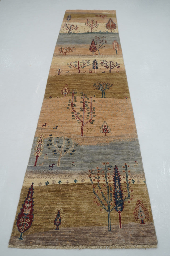 11 ft Brown Gray Gabbeh Landscape Afghan Hand knotted Runner Rug - Yildiz Rugs