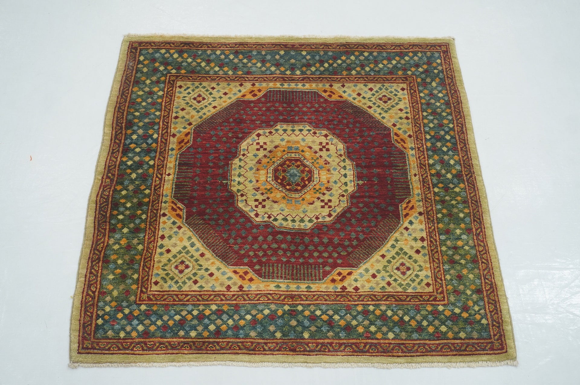 3x3 Green Mamluk Hand Knotted Square Rug