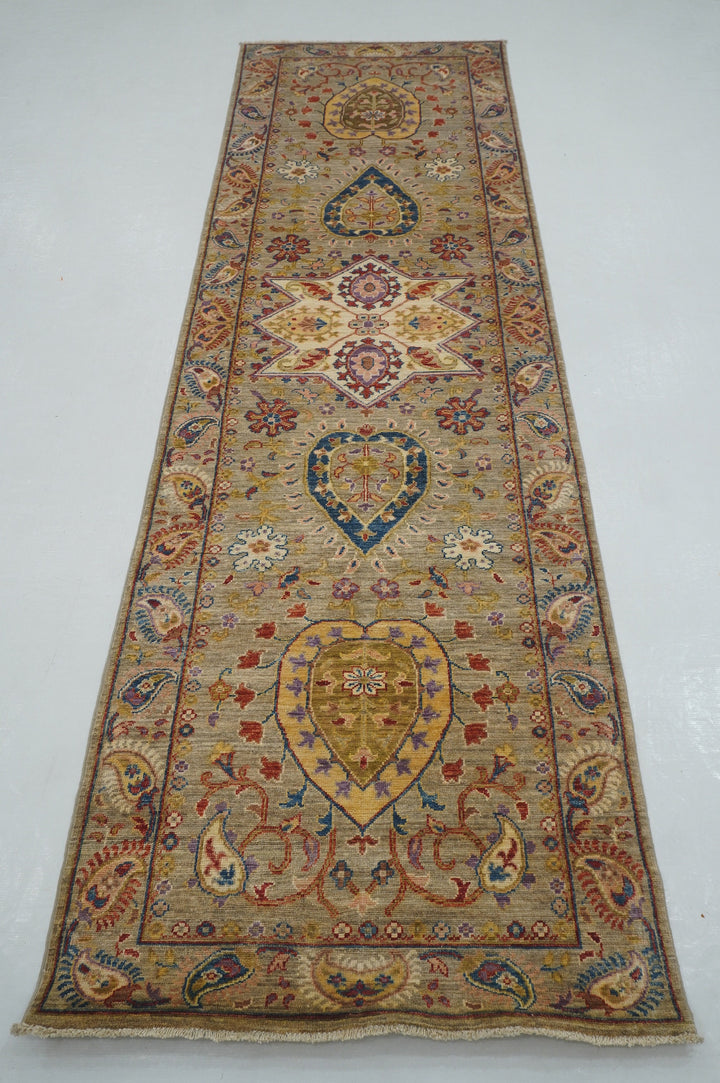 10 ft Taupe Gray Suzani Afghan hand knotted Floral Runner Rug