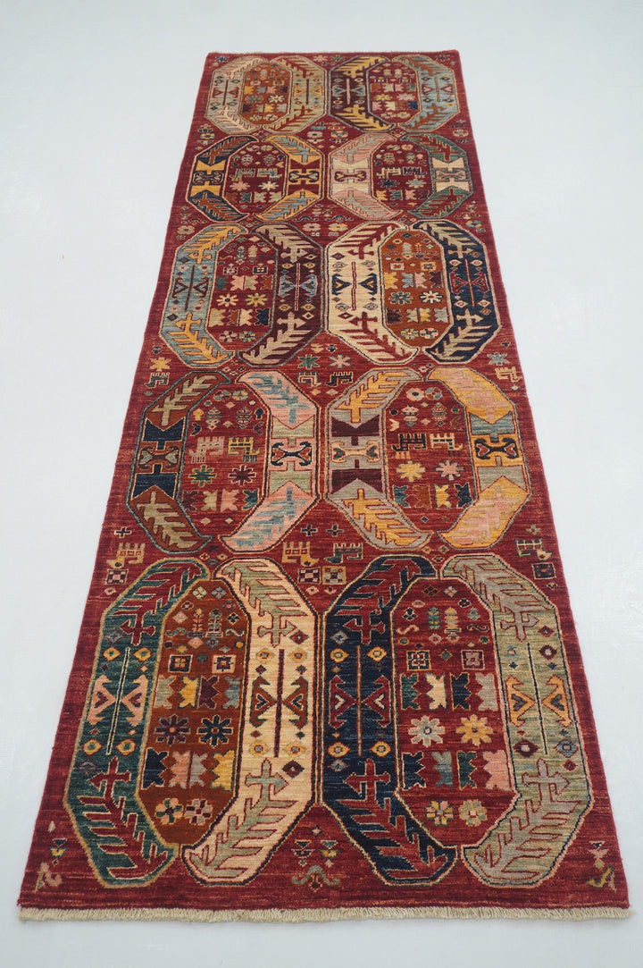 10 ft Red Baluch Tribal Afghan Hand knotted Runner Rug