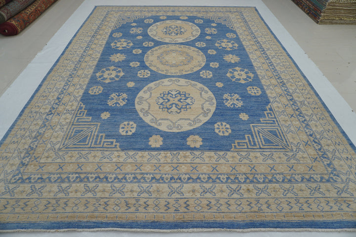 9x12 Blue Beige Vintage Khotan Afghan Hand knotted Rug