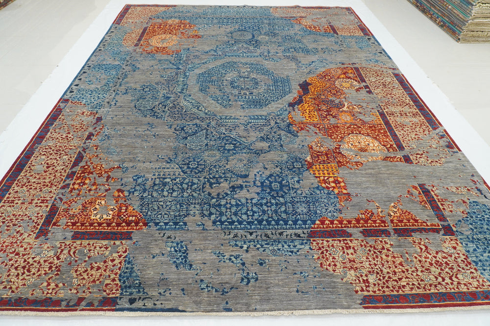 9x12 Blue Red Mamluk Hand knotted Modern Turkish Medallion Rug - Yildiz Rugs